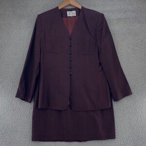 Le Suit Suit Set Womens 16 Burgundy V Neck Blazer Skirt 2 Piece Set Office Work